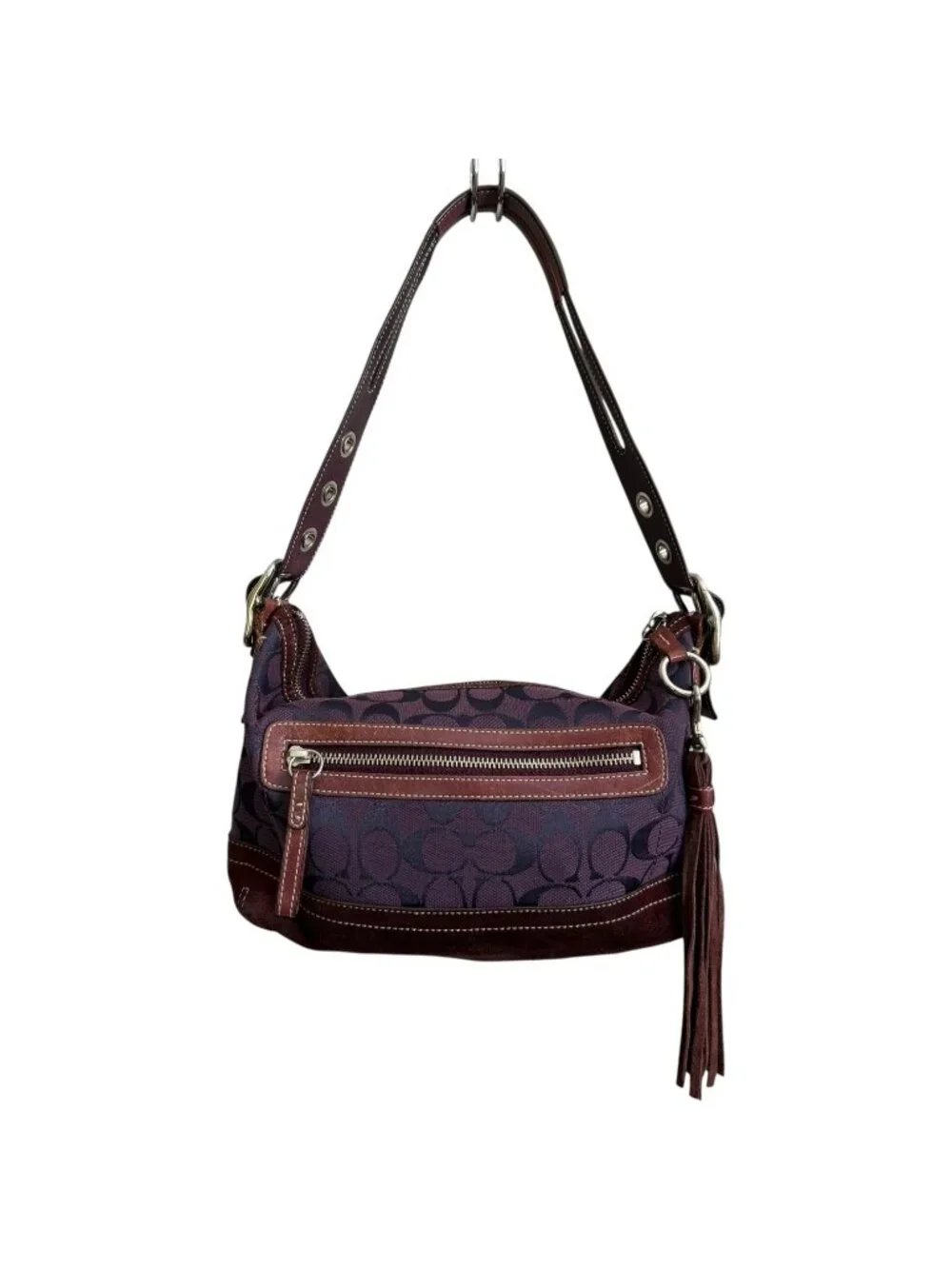 Vintage Y2K Coach 9363 Signature East West Shoulder Bag Tassel Purple Monogram‎